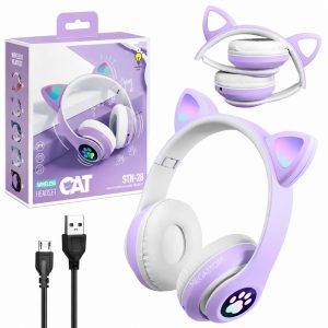 Дитячі навушники з котячими вушками — Bluetooth-навушники з мікрофоном, фіолетові